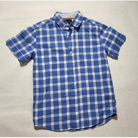 Nautica Plaid‎ Shirt Short Sleeve Button Down Casual Blue White Size M - Picture 2 of 7